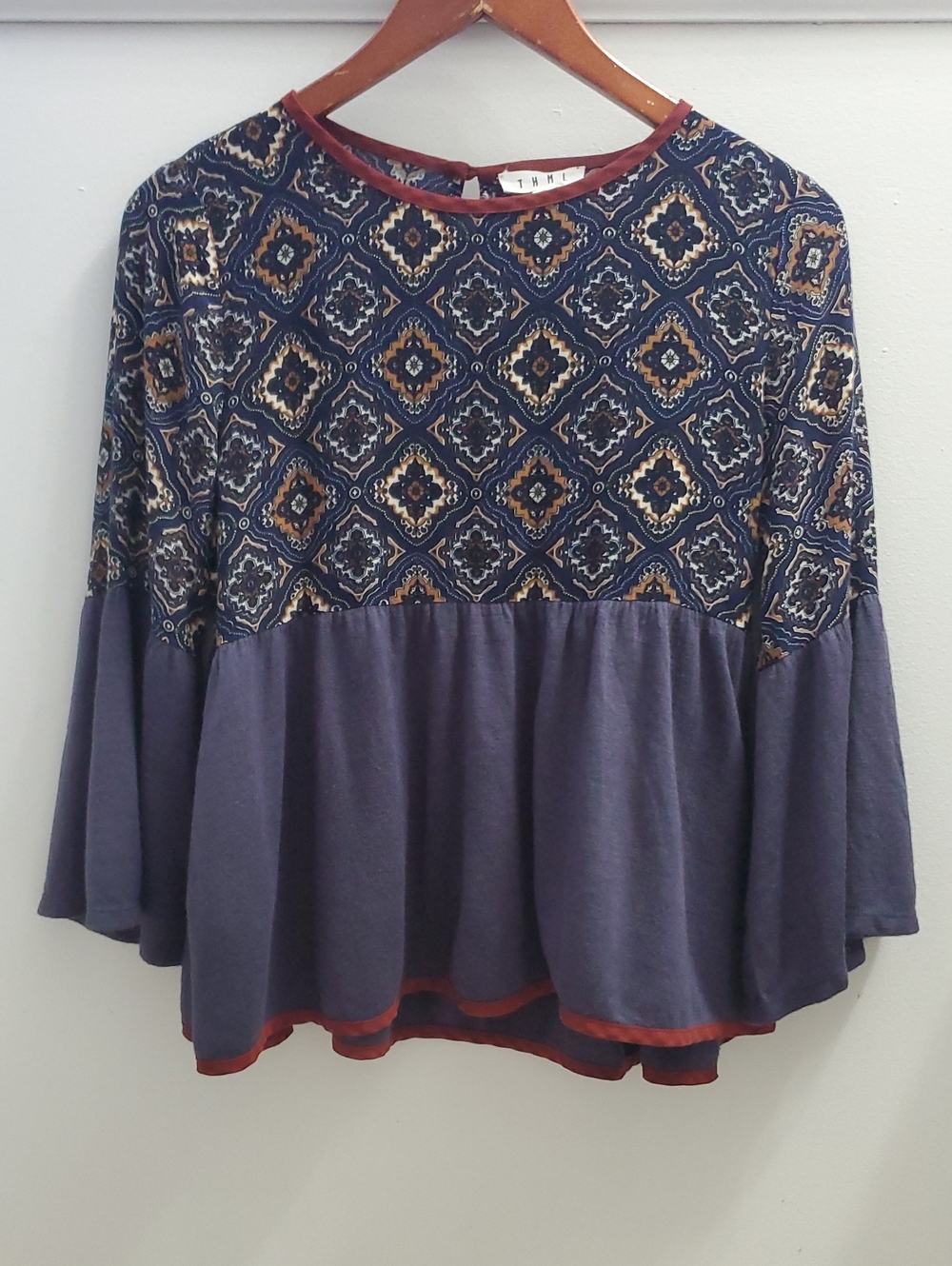 THML Bohemian Mixed Media Peplum Top Size Small Blue